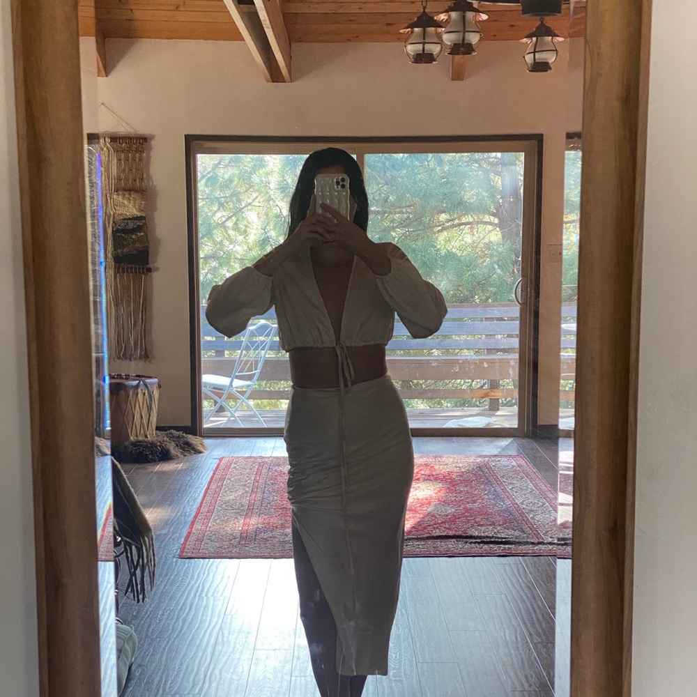 PepperMayo 2 piece Santin/Silk Set Skirt and Wrap tie top